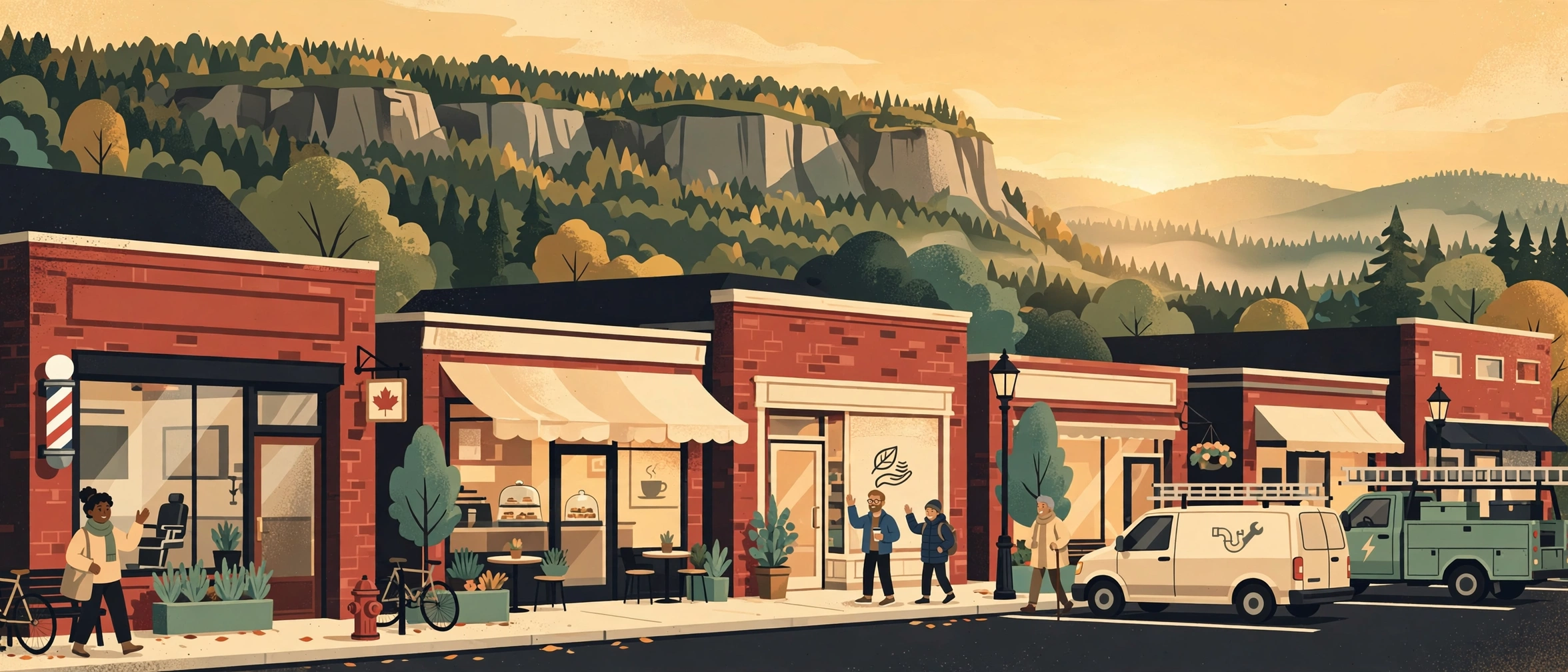 Illustration of a Milton, Ontario main street — brick storefronts, a barbershop, a café and a plumbing van beneath the Niagara Escarpment